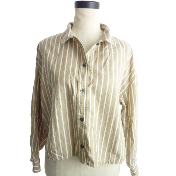Everlane Cotton PJ Top Beige Striped Long Sleeve Crop Button Down Shirt M - Picture 1 of 8